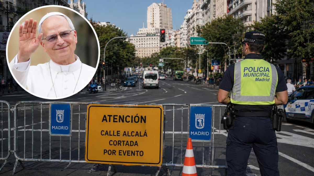 Corte de tráfico en la calle Alcalá de Madrid por el dispositivo especial de movilidad durante la visita del papa León XIV