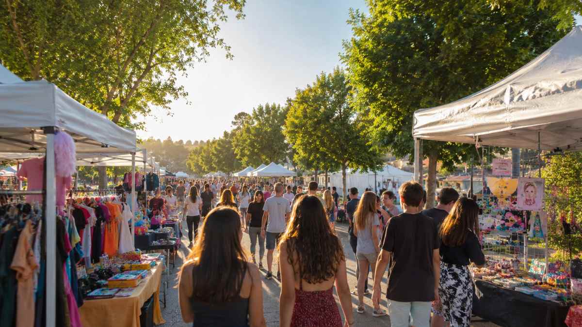 Jóvenes recorren el Mercado Juvenil de Manualidades y Segunda Mano de Pinto con puestos de ropa usada y artesanía.