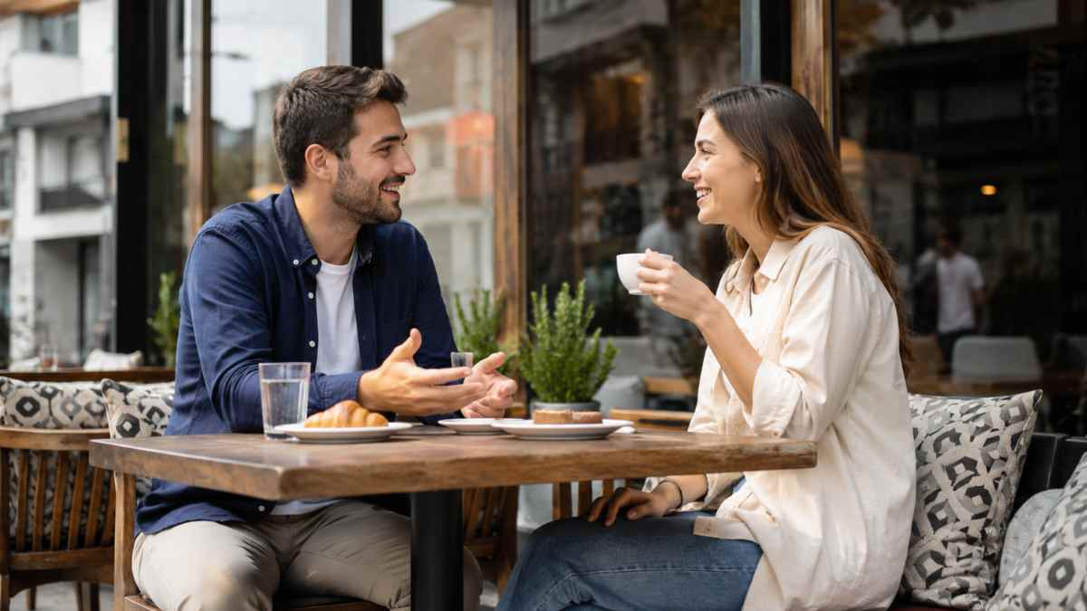 Dos personas conversan en una cafetería durante una interacción social que favorece la conexión y el bienestar emocional