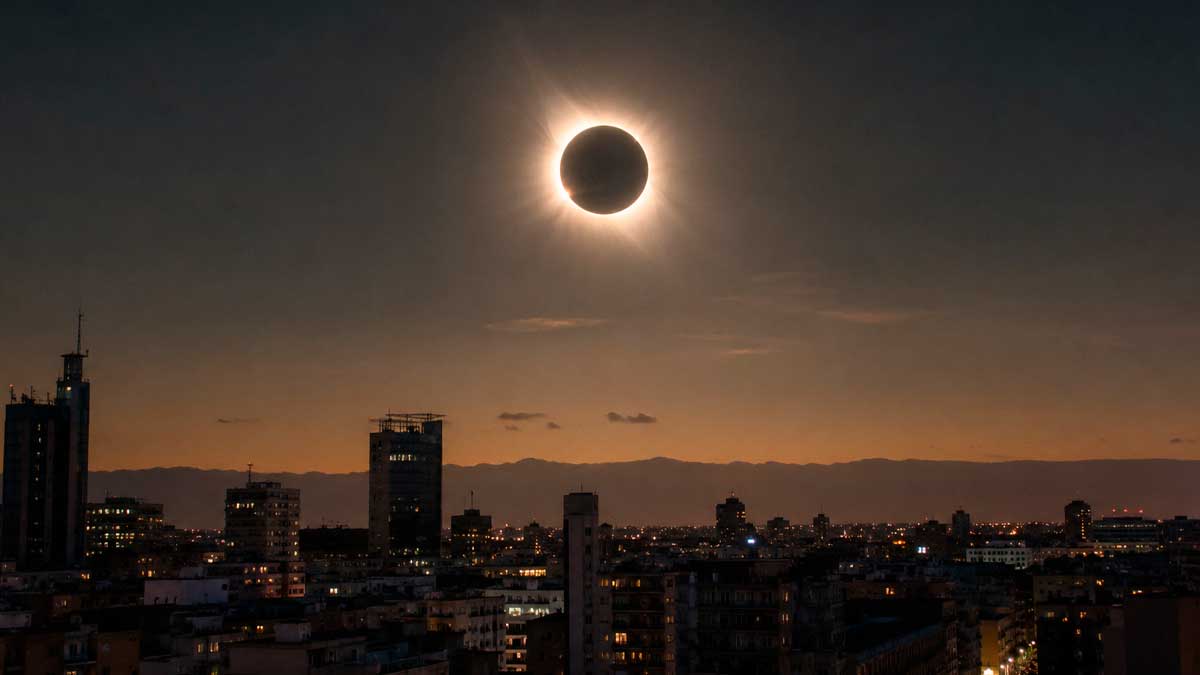 Eclipse solar sobre ciudad con edificios en primer plano en 2026