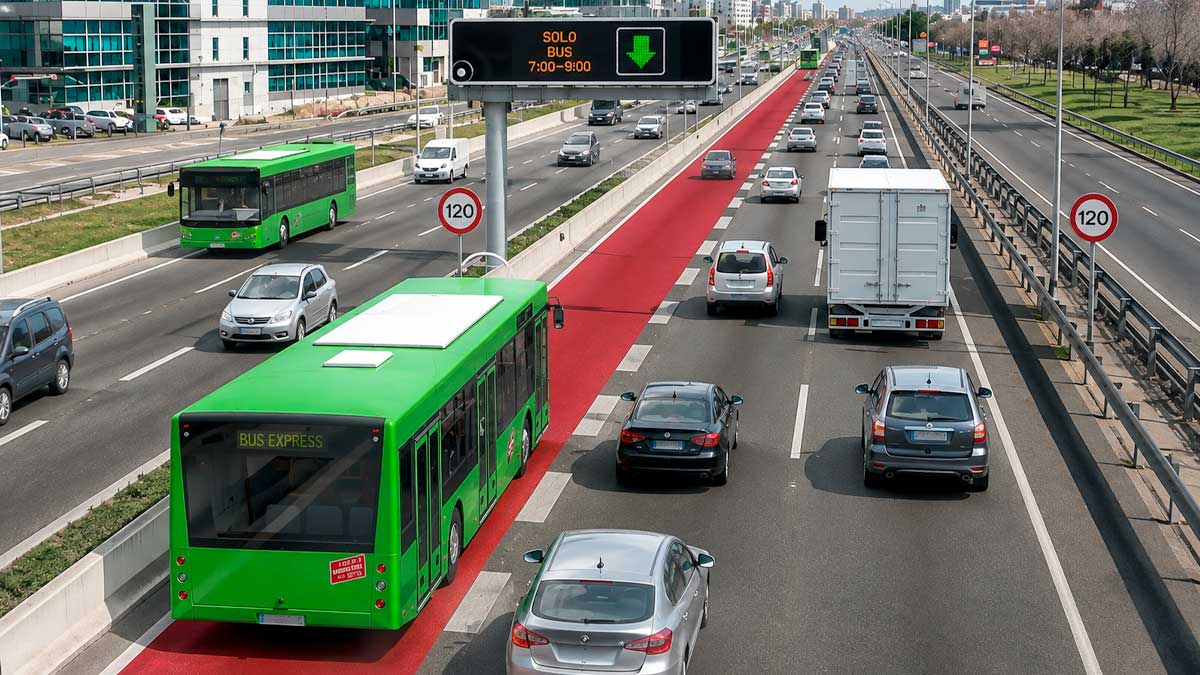 Carril Bus-VAO de la A-2 con tráfico y autobuses durante los ensayos para 15.000 usuarios diarios