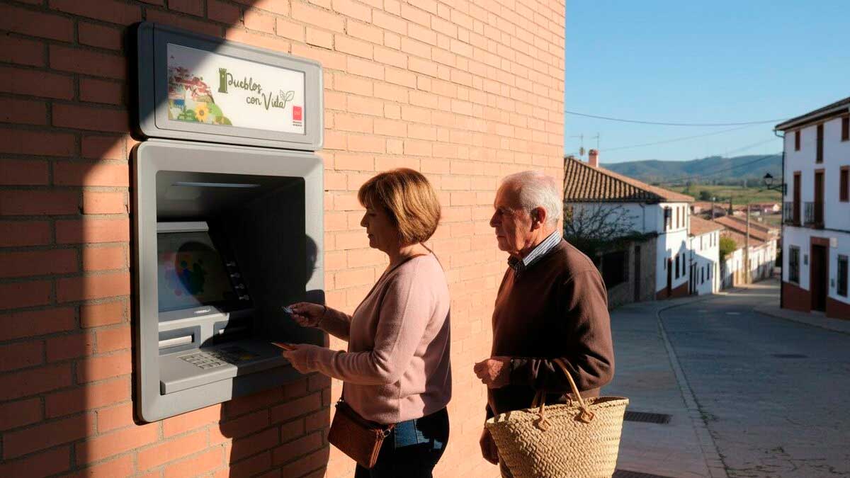 Personas mayores usando cajero en pueblo de la Sierra Oeste tras los incendios