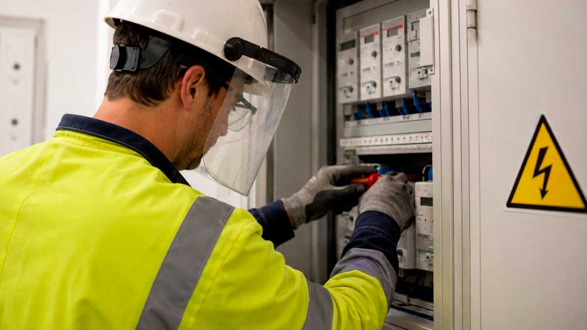 Operario realizando trabajos de mantenimiento eléctrico por los cortes de luz programados en Madrid