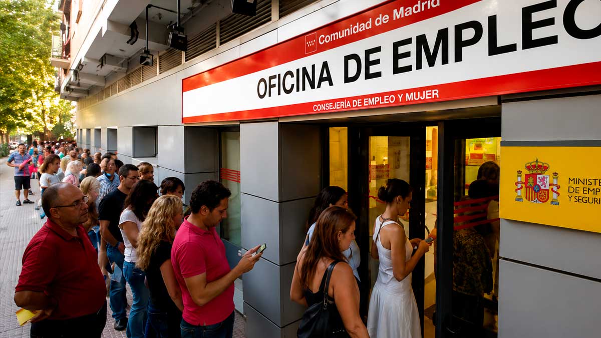 Personas hacen fila en una oficina de empleo en Madrid por despidos colectivos