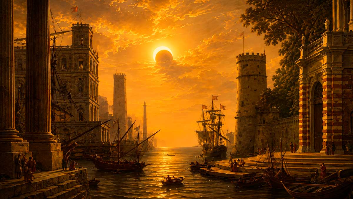 Eclipse en el Prado con barcos y arquitectura clásica al estilo de Las meninas generado por IA