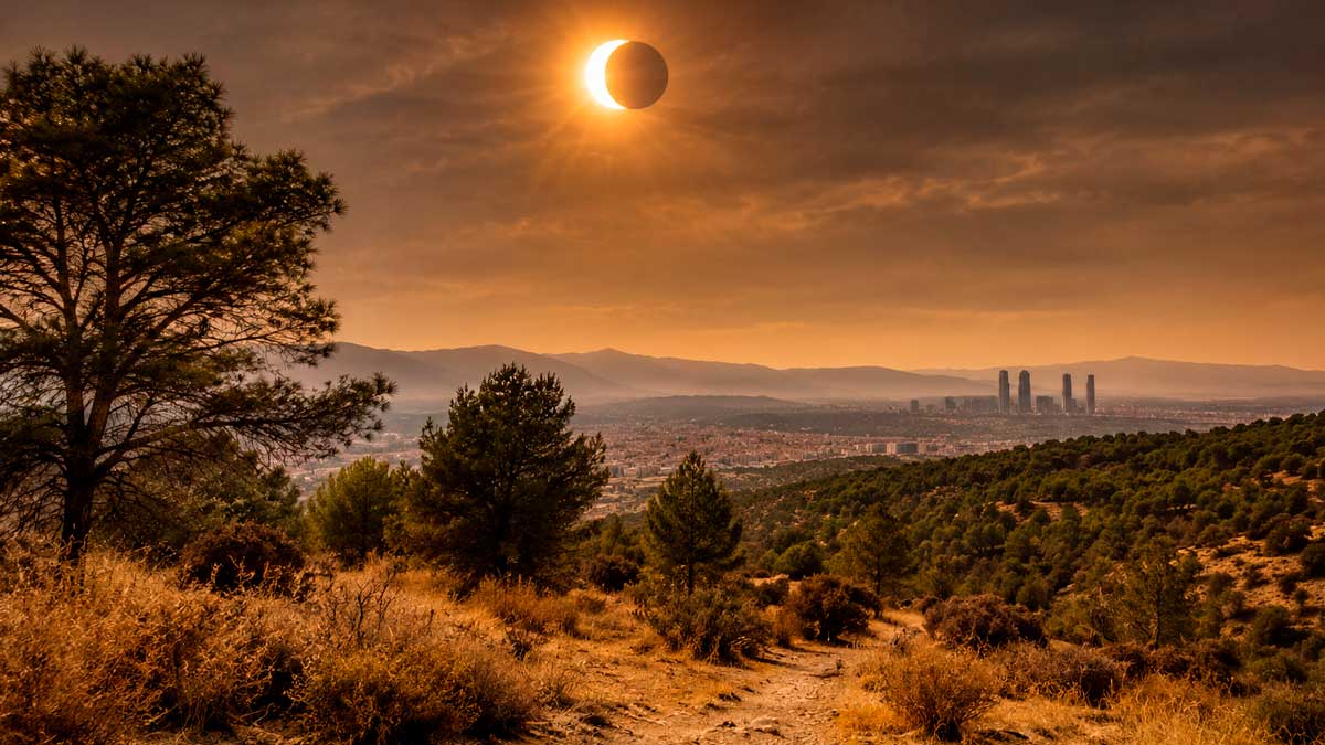 Eclipse solar sobre Madrid con vegetación seca por el riesgo de incendios