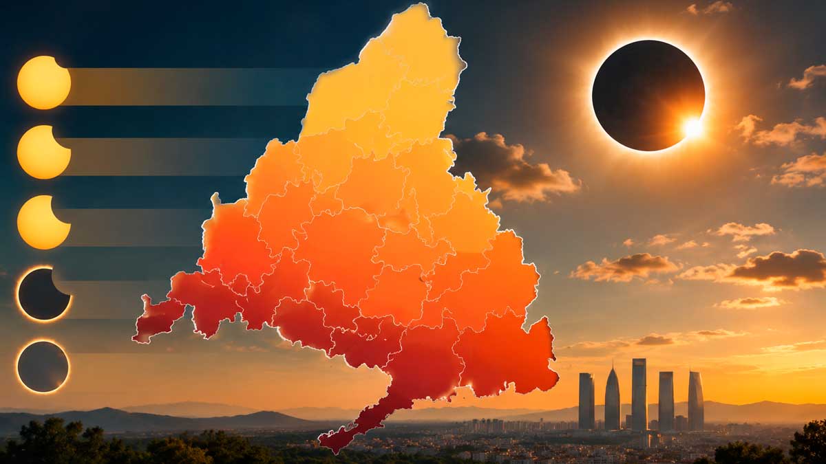 Mapa de Madrid con zonas afectadas por el eclipse solar total del 12 de agosto