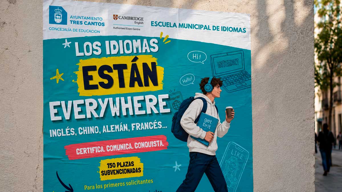Cartel promocional de la Escuela Municipal de Idiomas de Tres Cantos 2026