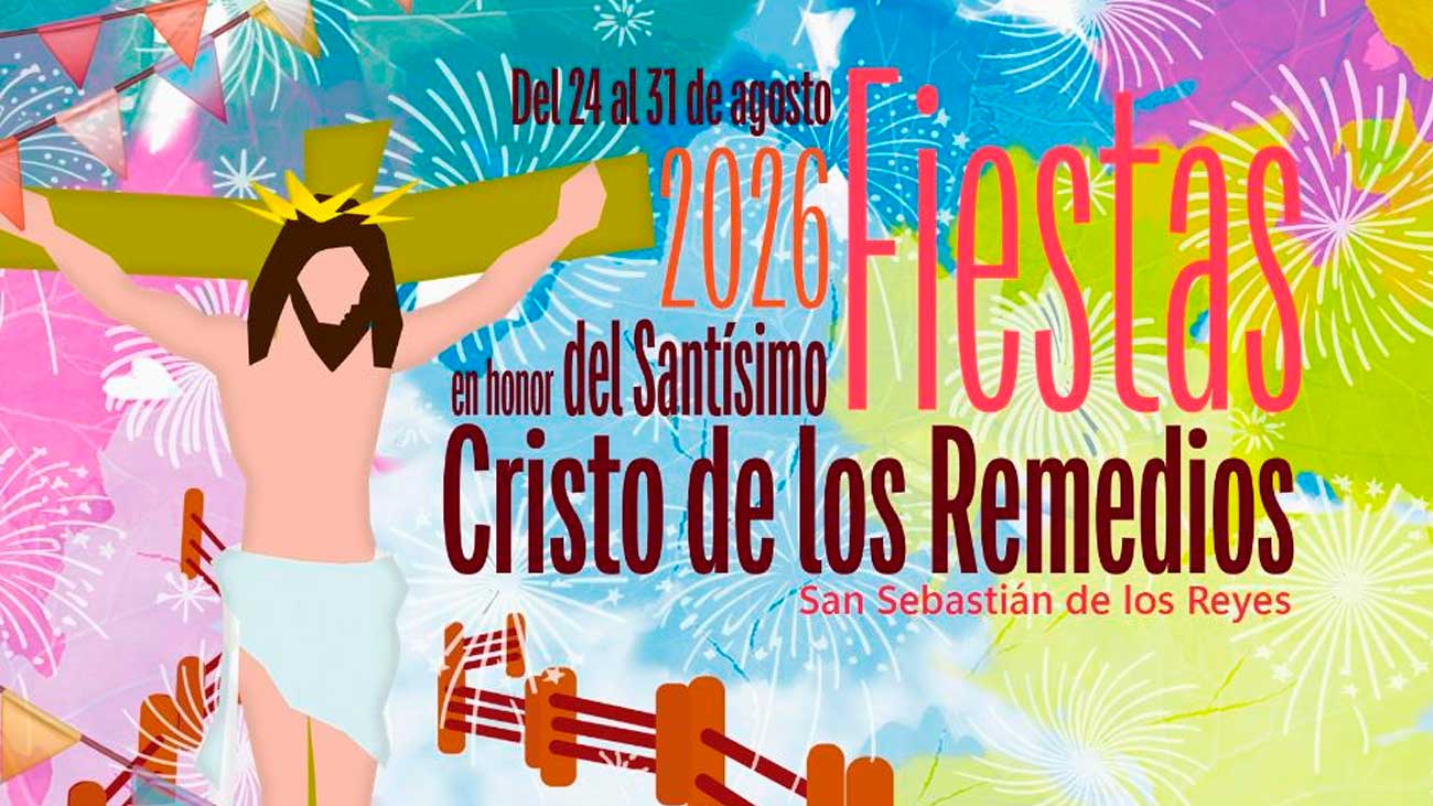 Cartel de las fiestas de Sanse 2026 con imagen de Cristo de los Remedios y fuegos artificiales