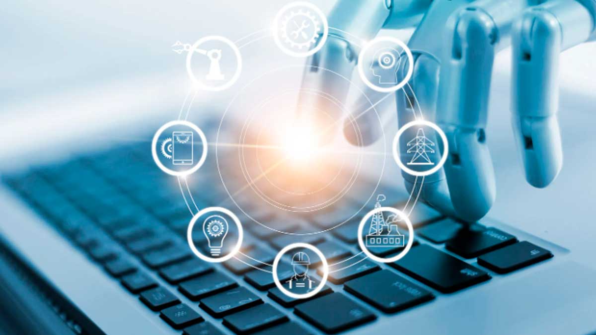 Mano robótica interactuando con teclado y gráficos de IA para pymes en Madrid