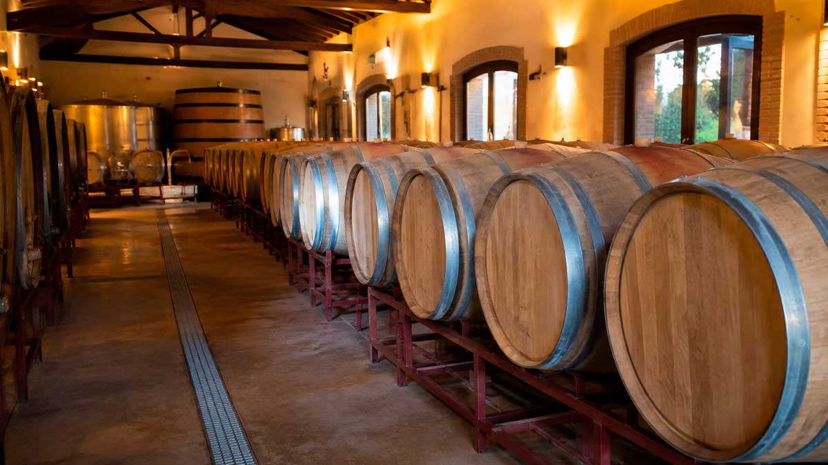 Barricas de vino en una bodega de la Comunidad de Madrid vinculada al enoturismo rural.