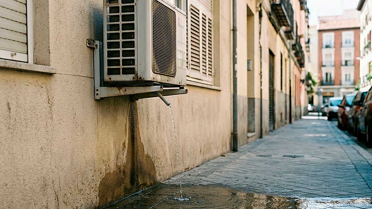 Aire acondicionado goteando agua en la calle en verano, multas de verano