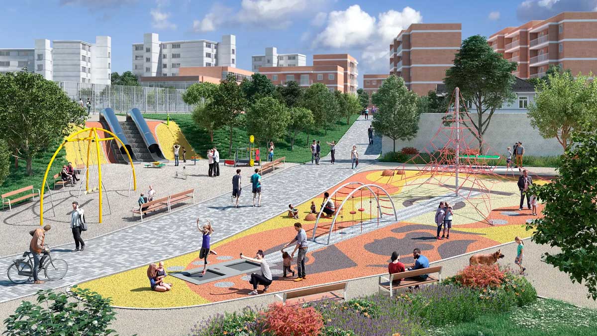 Recreación del futuro parque Juan Carmona Habichuela de Latina con zonas de juego, arbolado y caminos accesibles.
