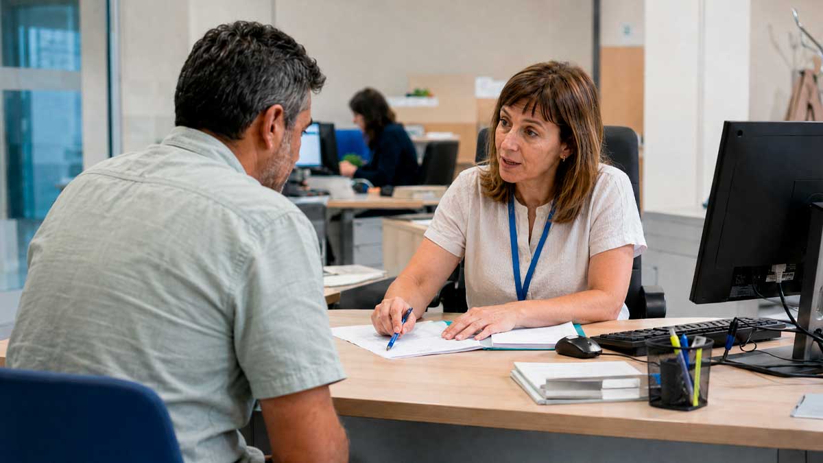 Persona recibe atención en un centro de servicios sociales de Madrid para solicitar una prestación económica.