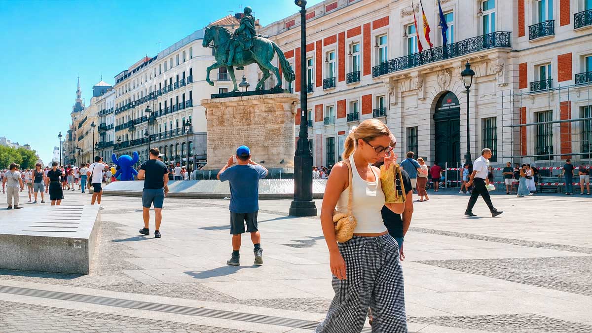 Personas caminando por Madrid durante una jornada soleada de verano