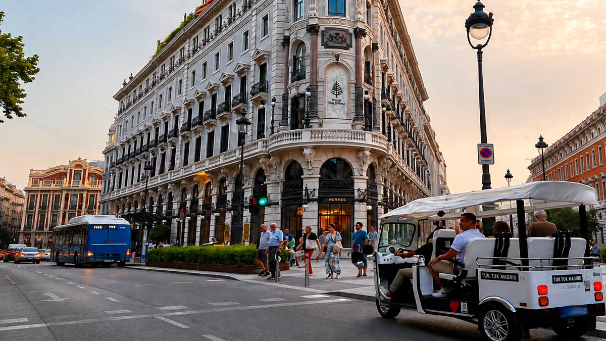 Tuk tuks en Madrid circulando junto a peatones y autobuses en una céntrica avenida