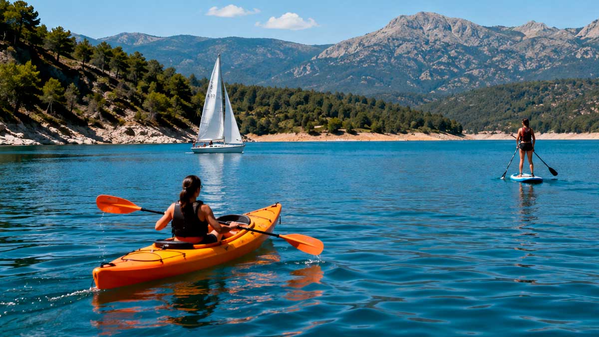 Personas practicando kayak y vela en un embalse de la Comunidad de Madrid.