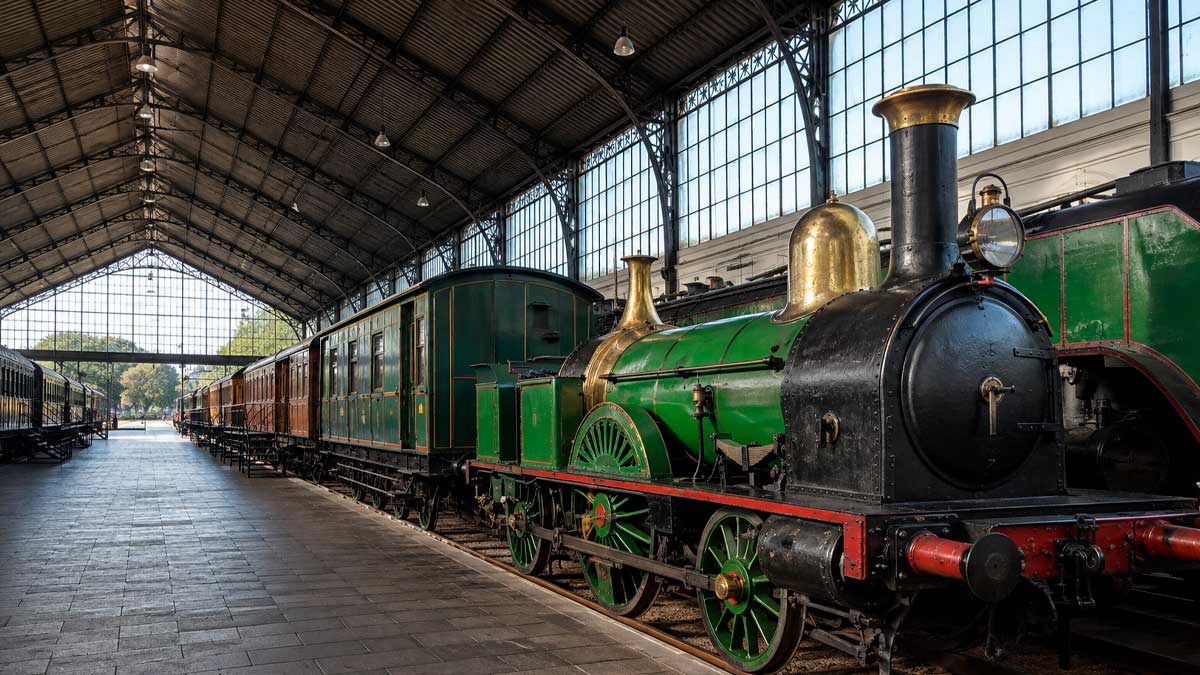 Locomotora antigua en el Museo del Ferrocarril de Madrid durante el verano