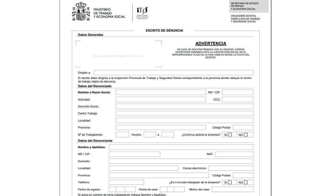 Formulario denuncia ITSS