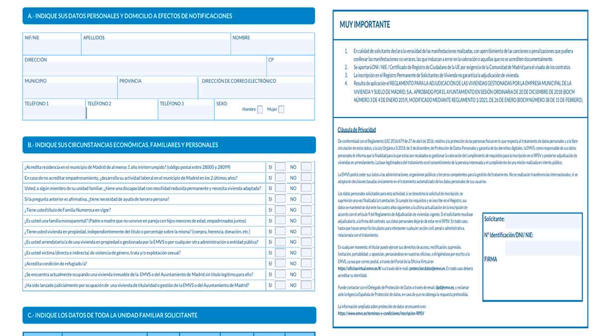 Formulario acceso viviendas protegidas