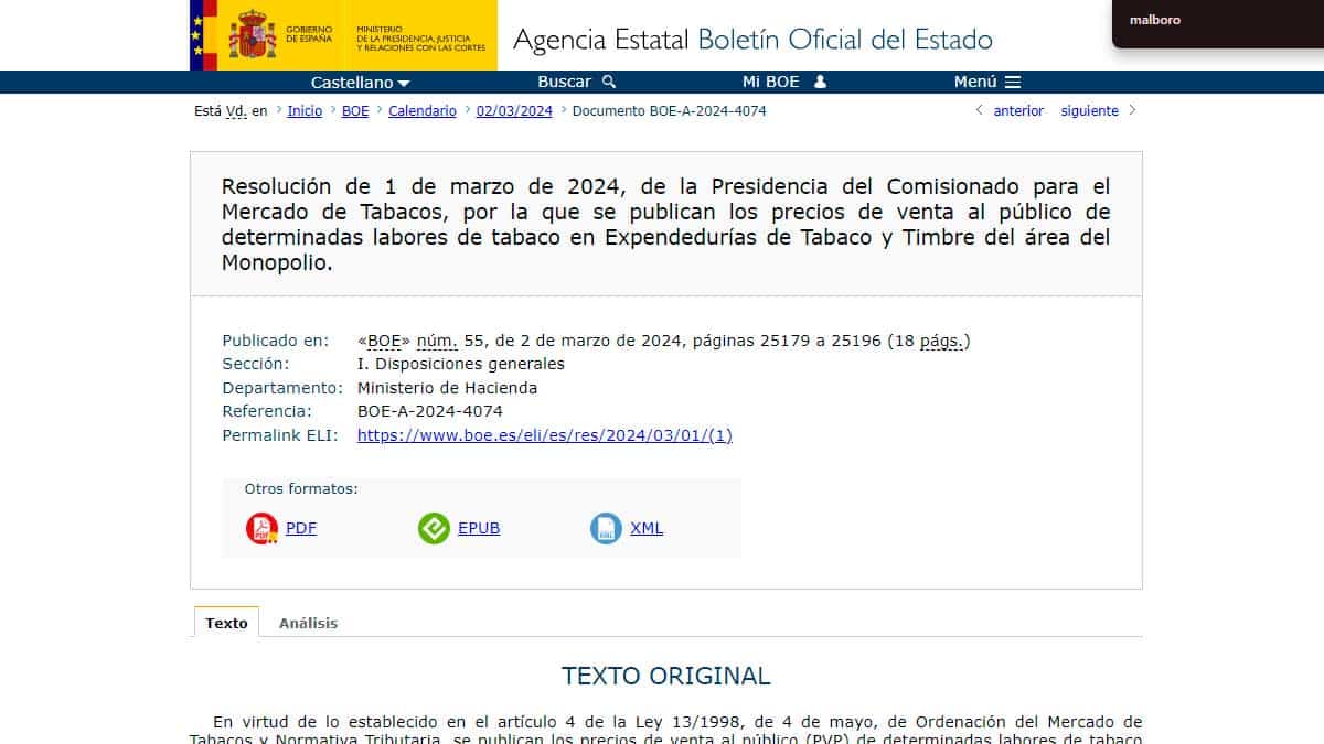 Nuevo precio del tabaco en marzo 2024